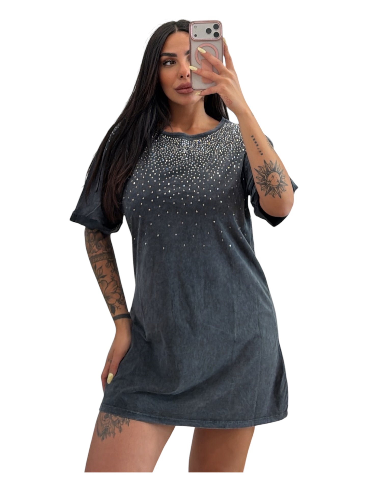 T-Shirt mood vestito cotone color marmorizzato con Swarovski